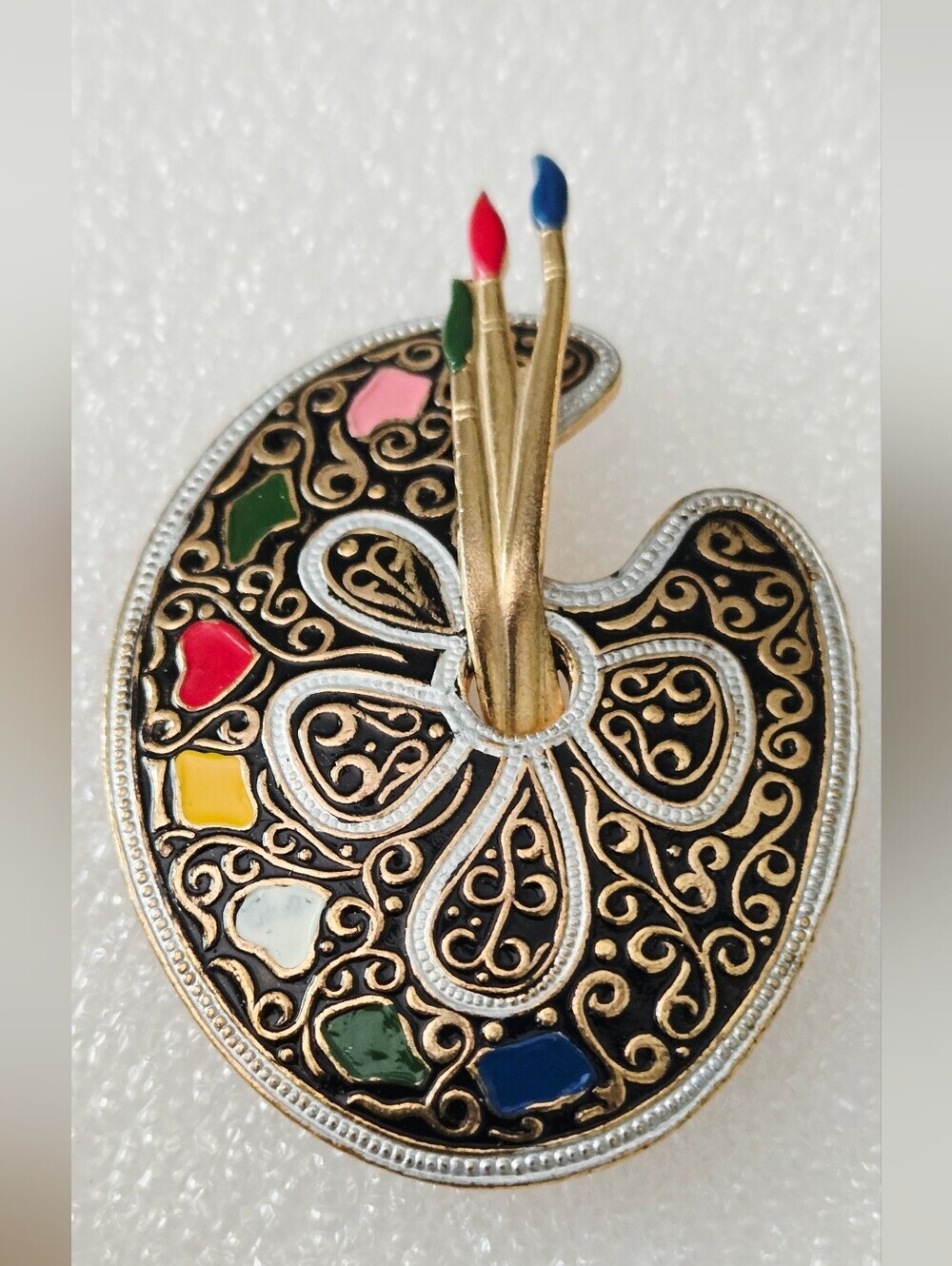 Damascene Jewelry Artist Palette Brooch with Paintbrush Accents - Picture 13 of 16